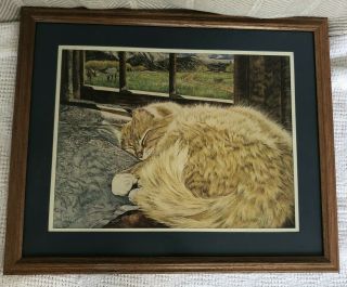 Rare Jerolyn Dirks Vintage Sleeping Cat Art Print Framed Matted 21.  5x17.  5 Euc