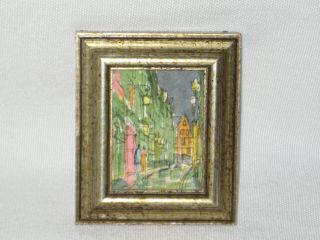 Very Small Framed Print Night Scene 3 3/8 X 2 7/8 X 3/4 Antiqued Silver On Wood