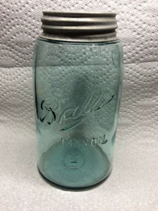 Antique 1900 1910 Ball 3 L Loop Mason Blue Quart Fruit Jar & Zinc Lid (ff3)