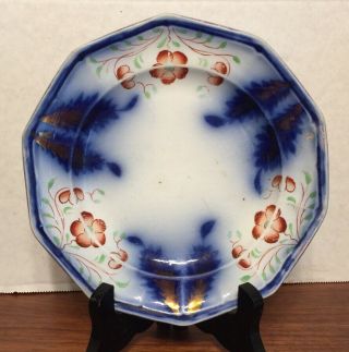 Antique Gaudy Welsh Flow Blue Copper Luster 7 1/2” Plate Mid 1800s