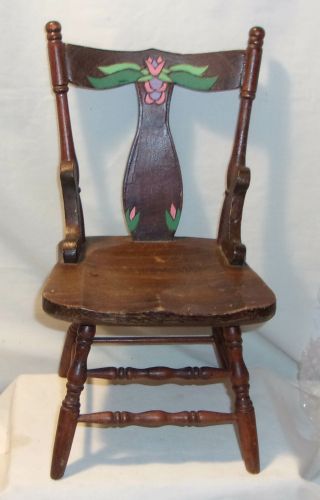 Vintage Wooden Doll Or Teddy Bear Furniture Chair With Carved Flowers