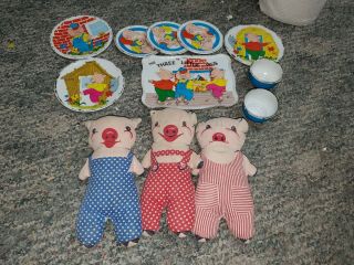 Vntg 3 Little Pigs Stuffed Dolls & Metal Toy Tea Dish Play Set Ohio Art Set