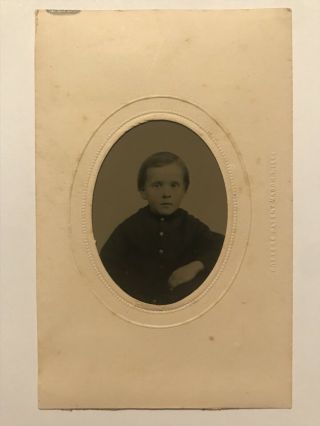 Rare Antique Cute Boy In Button Up Civil War Era Tintype Photo In Paper Frame