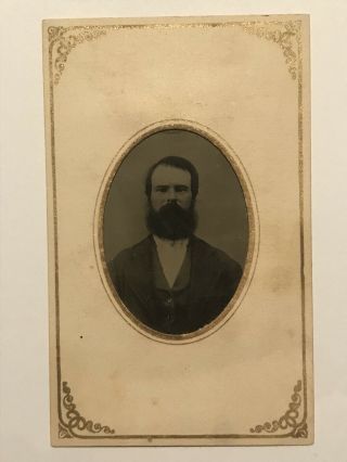Rare Antique Bushy Bearded Man Civil War Era Tintype Photo In Paper Frame