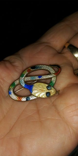 Antique Art Deco Multi Guilloche Enamel Snake Oval Brooch Pin C Clasp