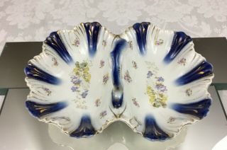 Antique Krister Kpm Porcelain Germany Divided Bowl Handle Cobalt Blue Flowers