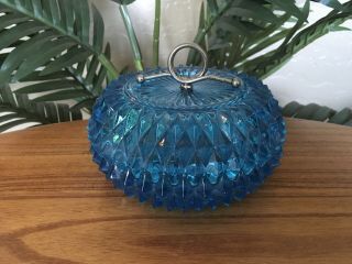 Rare Vintage Indiana Diamond Point Cut Glass Aqua Blue Candy Dish & Lid