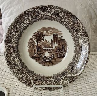 Antique Ironstone Brown Transferware 9.  25” Rimmed Soup Plate Staffordshire Rhine