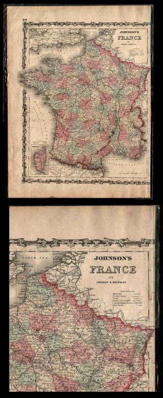 Old 1860 Johnson’s Color Map Of France