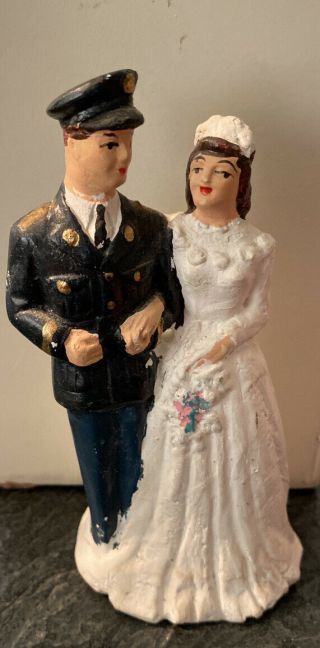 Vintage Antique Army Soldier Chalk Plaster Wedding Cake Topper Bride Groom