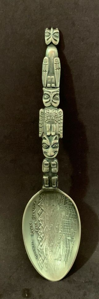 Sterling Souvenir Spoon - Totem Pole - Olympic Range From Seattle - 5 "