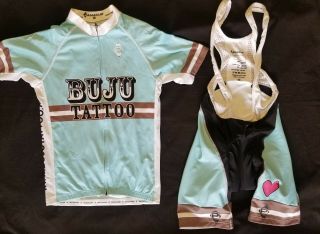 Rare Womens Panache Teal Cycling Kit Bib & Jersey Size Medium Buju Tattoo Heart