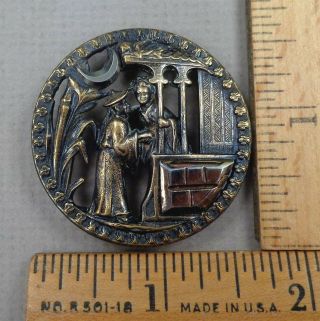 Oriental Romance Antique Button,  1800s Brass Open - Work,  Shaped Steel Trim,  Large