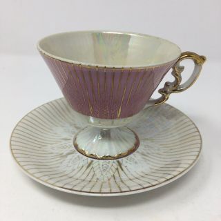 Vintage Tea Cup And Saucer Iridescent Burgundy Gold