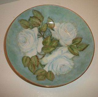 Antique White Hand Painted Roses Bowl Aqua Blue Shaby Chic Signed Floral Vintage