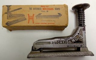 Rare Cast Iron Hotchkiss No 3 Antique Plated Stapler W Box Of Staples