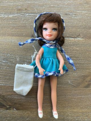 Vintage Tiny Teen Mini Doll 5 " Fun Time 1967 Uneeda Blue Sun Dress Hat Bag Vgc