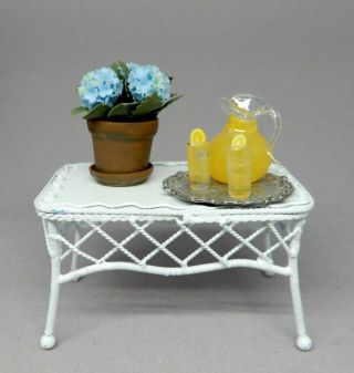Vintage Metal Wicker Table W Glass Lemonade Picture Dollhouse Miniature 1:12