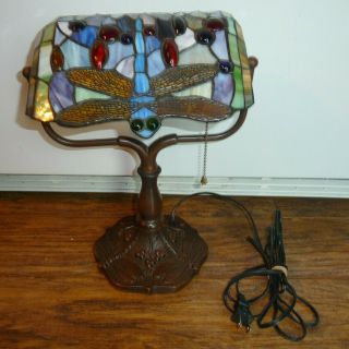 Vintage Tiffany Style Metal Base Stained Glass Lamp Shade Unique Rare Desk Lamp