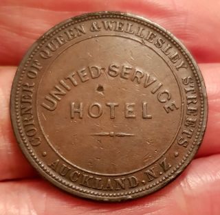 Rare 1874 Zealand Auckland United Service Hotel Penny Tk028 Good Detail