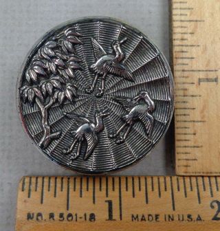 Flying Storks / Birds Antique Black Glass Button,  Silver Luster Design,  Large