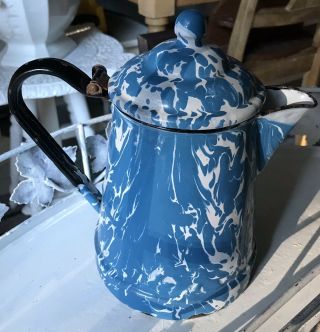 Antique Enamelware Coffee Pot Blue And White