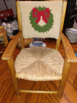 Vintage Wood And Wicker Doll Chair With Christmas Wreath Back