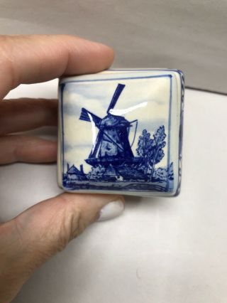 Antique Delftware Miniature Hand Painted Box with a Lid Holland Marked Windmill 2