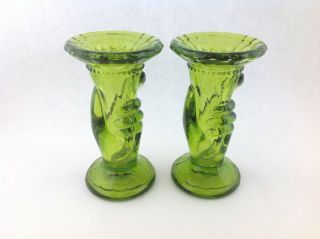Vintage Green Art Deco Glass Hand Holding A Vase Horn Cornucopia