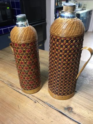 Vintage Wicker Covered Rattan Thermos Bottles.  12 Inch And 13 Inch