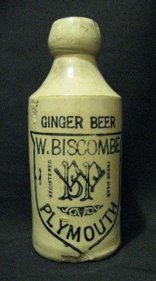 Antique 1890s Stoneware Pottery W.  Biscombe Plymouth Ginger Beer Bottle 7 " Tall