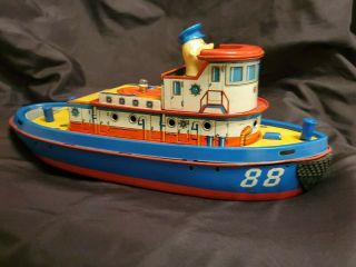 Rare - Vtg Tug Boat Tin/metal W/captain - Trade Mark Modern Toys - Japan - 15 " Battery