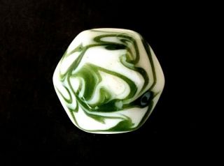 Antique Charmstring Glass Button…6 - Sided / Hexagon White Glass W Green Overlay