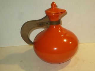 Antique Red Wing Pottery Pitcher Carafe With Wood Handle And Lid
