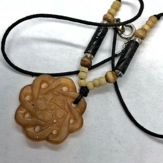 Antique Chinese Jade Or Stone Carving On Knit Cord - Asian Jewelry Gem Art - B
