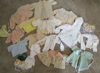 Vintage Doll Clothes - Misc Knitted Items Including Sweaters,  Bonnet,  Etc.