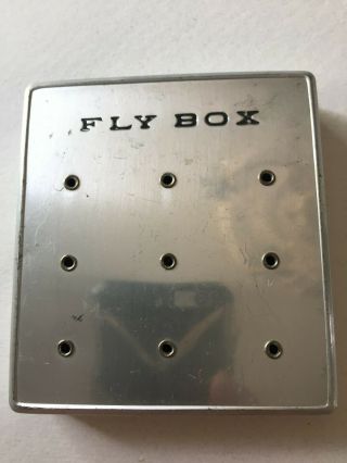 Vintage Fly Fishing Box Aluminum W 36 Clips & 33 Flies 3 " X 3 1/4 " Ex
