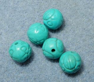 5 Vintage Chinese Hand Carved Blue Turquoise Shou Beads 10mm