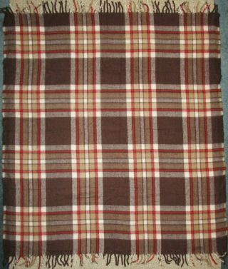 Vintage Faribo Wool Throw Lap Stadium Blanket Friged Brown Plaid Acrylic 63x52