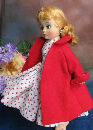 VINTAGE 1950 ' s CISSETTE doll CLOTHES red polka dot dress & felt coat HANDMADE 2