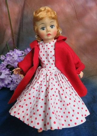 VINTAGE 1950 ' s CISSETTE doll CLOTHES red polka dot dress & felt coat HANDMADE 3