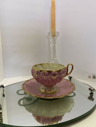Vintage Hand Painted Fan Crest Japan Pink And Golden Tea Cup And Saucer