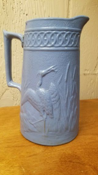 Vtg Antique Salt Glaze Stonewar Pitcher Blue Heron & Cattails