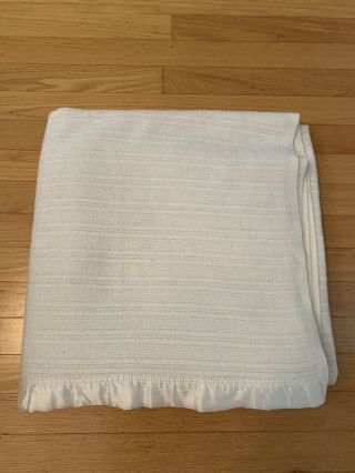 Vintage Acrylic Blanket Satin Binding White Ivory Waffle Weave Thermal 88 " X 87”