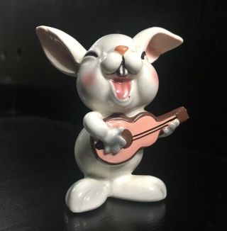 Rare Vintage Porcelain ‘schmid Bros’ White Bunny Rabbit Playing Guitar Figurine