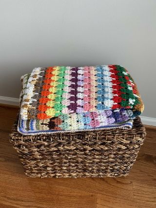 Vintage Retro Hand Crocheted Afghan Throw Multi - Colored Rainbow Camo Stripes