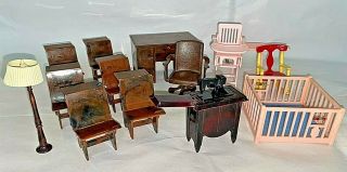 Vintage Miniature Renwal Dollhouse Furniture Desks Playpen Sewing Machine,