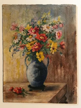 Antique Still Life Oil Painting Signed M.  P.  Smith “flowers & Blue Vase”