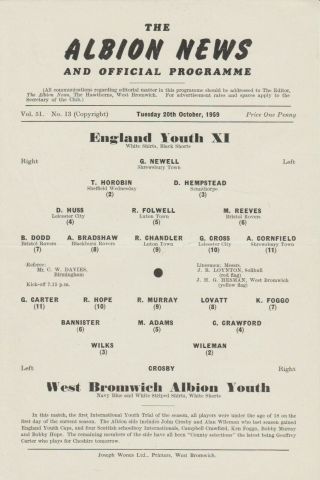 Wba V England Youth Xi Football Programme 1959 Rare