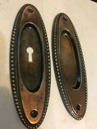 2 Antique Art Craft Deco Victorian Beaded Oval Steel Pocket Barn Door Pull Plate